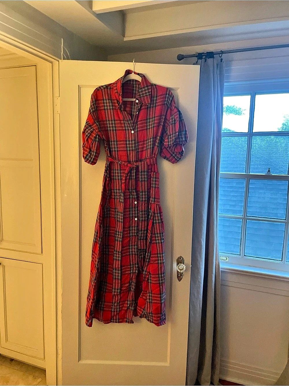 Avec Les Filles Plaid Puff Sleeve Tie Belt Stretch Cotton Midi Dress Midi Dress